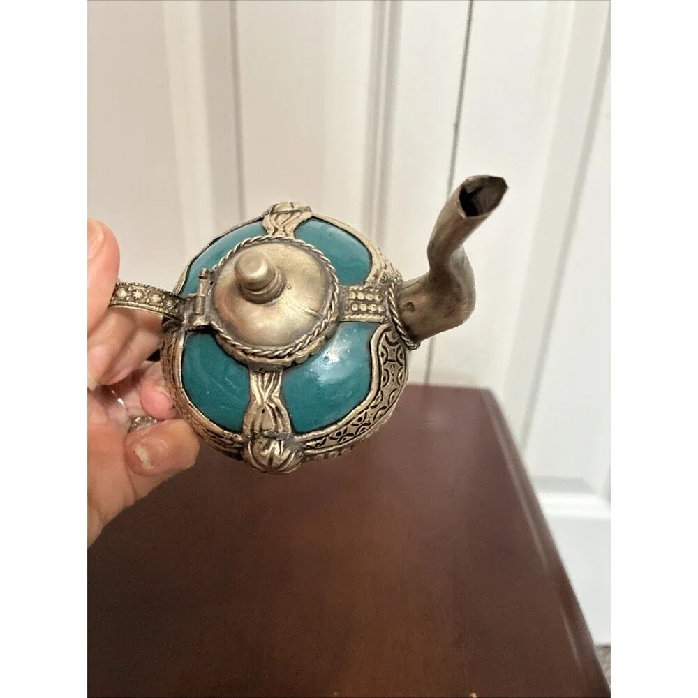Vintage Moroccan Miniature Teapot Teal Ceramic Silver Metal Filigree Decorative